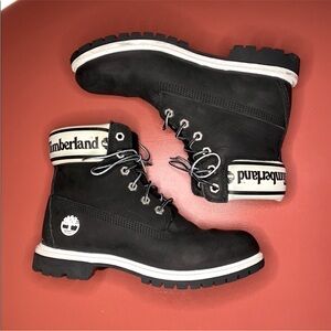 Black and white Timberland boots